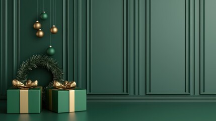 Elegant green Christmas decor featuring wrapped gifts, a wreath, and ornaments against a stylish panelled wall.