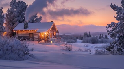 A peaceful snowy landscape with wooden huts decorated with Christmas lights. Smoke slowly rising from chimneys as the sun sets in the distance.