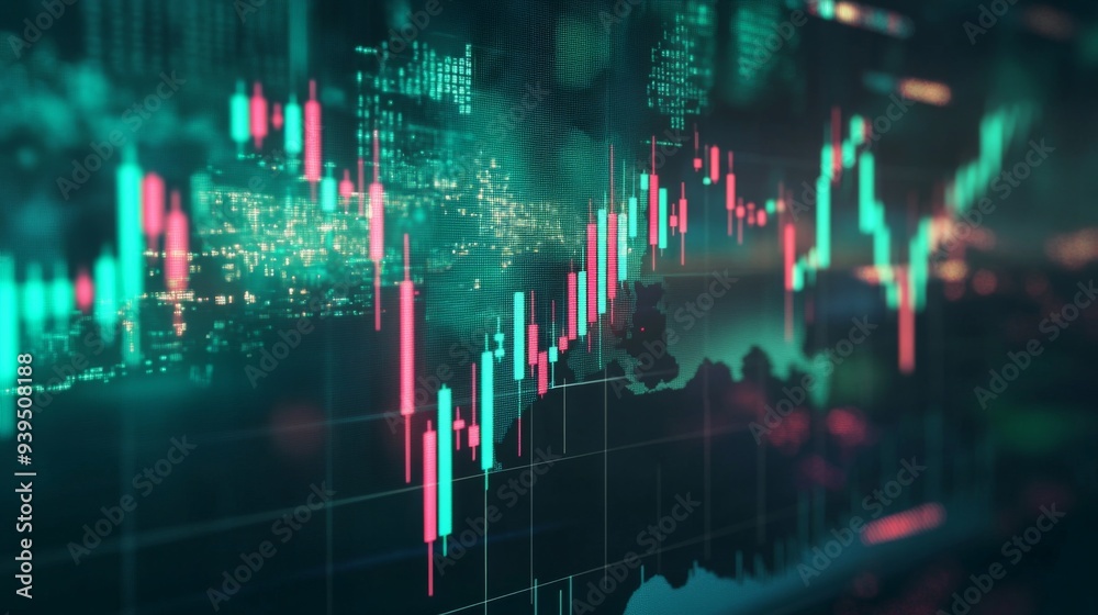 Aufkleber stock market graph with green and red candlesticks, world map in the background