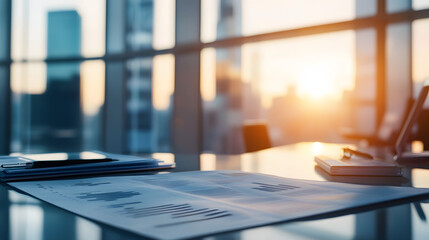 Close-Up of Detailed Industry Outlook Report on Sleek Metallic Desk, Depicting Market Insights and Future Projections.