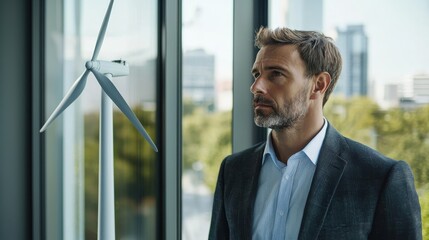 Fototapeta premium portrait of Male architect looking at wind turbine model in office doorway