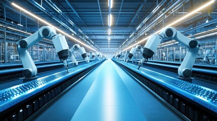 Obraz premium A futuristic industrial setting with robotic arms assembling products on a conveyor belt.