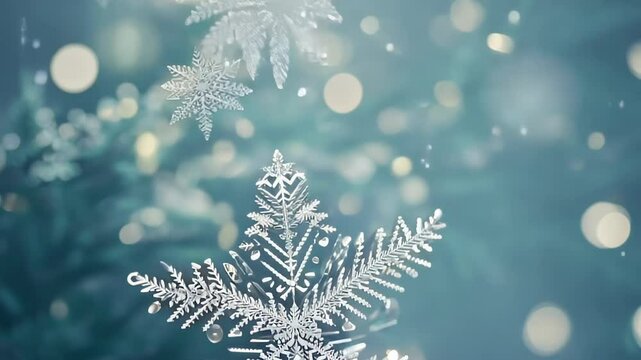 snowflakes on a green background, creating a feeling of a winter festive atmosphere