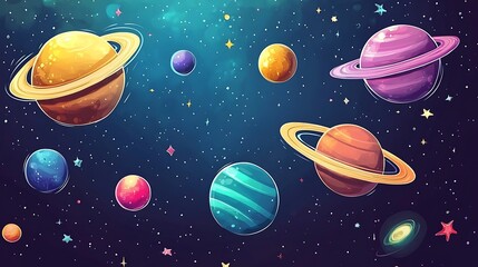Naklejka premium Fantasy Cartoon Planets in Colorful Space - Vibrant Vector Art Illustration with Detailed Digital Painting