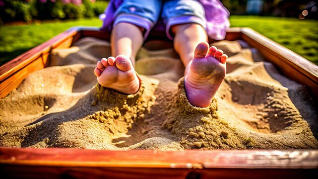 Child's feet playing in a sandbox on a sunny day, capturing a carefree moment of childhood, ideal for themes of childhood, outdoor play, and family
