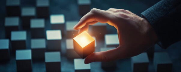 A hand reaching out to grab a glowing cube amidst ordinary cubes demonstrates a novel concept.