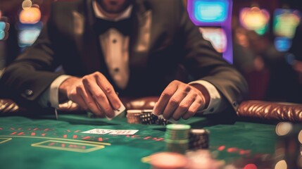 A smiling dealer in a cool black suit deals cards at a baccarat table under dim lighting, emphasizing the mysterious atmosphere.