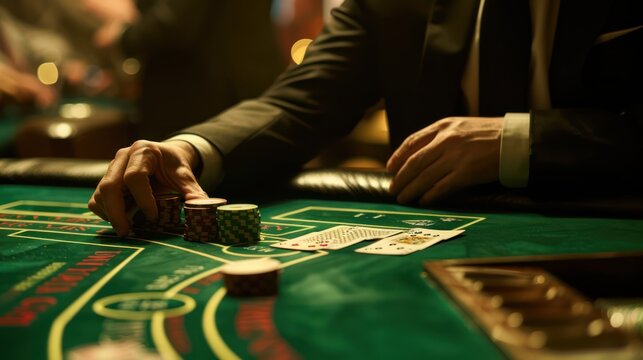 A smiling dealer in a cool black suit deals cards at a baccarat table under dim lighting, emphasizing the mysterious atmosphere.