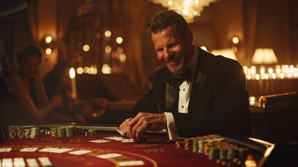 A smiling dealer in a cool black suit deals cards at a baccarat table under dim lighting, emphasizing the mysterious atmosphere.