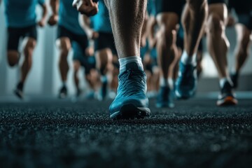 A close-up image of running shoes captures the movement and speed during a sprinting event, symbolizing fitness, commitment, and the journey towards personal goals.
