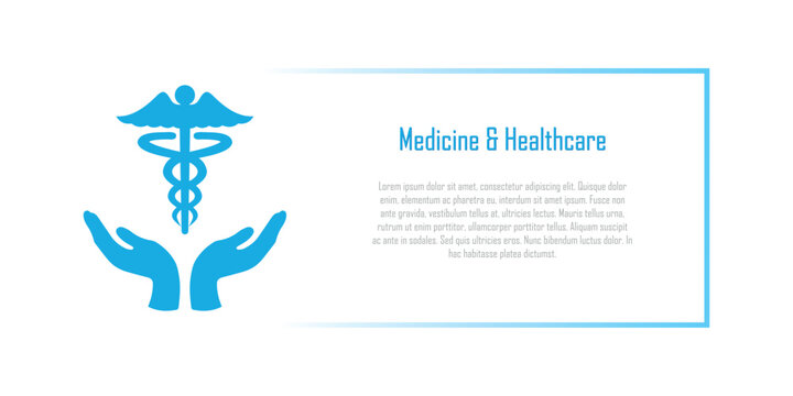 Medicine and Healthcare banner, Hippocratic symbol, Caduceus, logo mostly used in the medical field, copy space for text