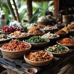 Spicy Asian Food in Bowls on Wooden Table - A Realistic Photo
