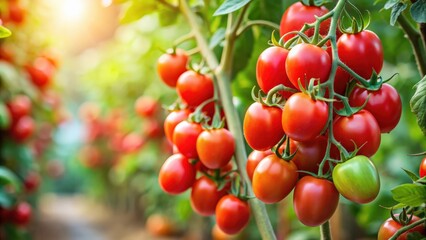 Obraz premium Ripe red tomatoes on vine in a garden , fresh, organic, healthy, agricultural, produce, vibrant, juicy, ripe, plant