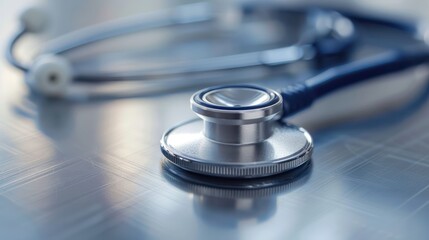 photograph of Close-up photograph of a stethoscope placed on a clean, shiny metal surface.