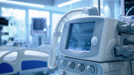 Obraz premium Photograph of a modern ventilator on an examination table in an ICU room.