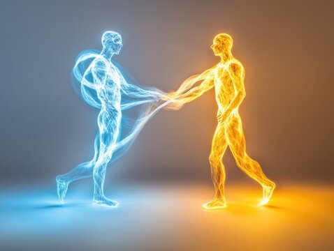 Digital Art of Two Human Figures, One in Blue and One in Orange, Shaking Hands Representing Energy Exchange