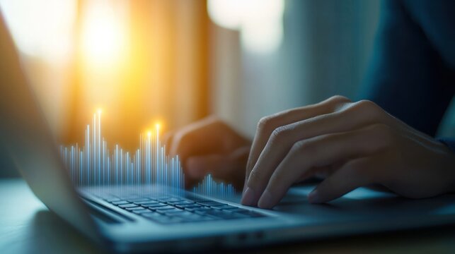 A close-up of hands typing on a laptop keyboard with digital data visualization overlay, reflecting modern technology and productivity.