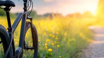 Naklejka premium A tranquil scene featuring a bicycle beside a sunlit pathway adorned with vibrant flowers in a lush, green landscape.