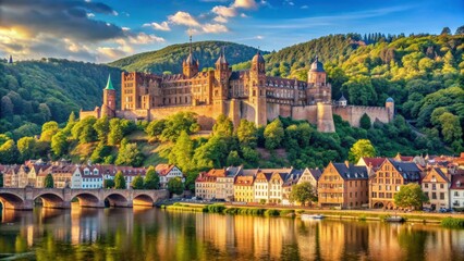 Majestic Heidelberg Castle overlooking the Neckar River , Germany, historic, architecture, ruins, tourist attraction