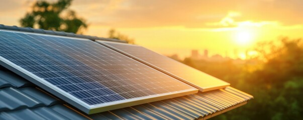 A close-up of solar panels on a roof against a beautiful sunset, showcasing renewable energy and sustainable technology.