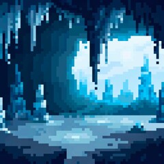 The blue pixel background with ice snow cave