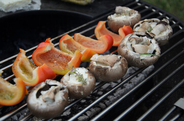 Veggie grill: vegetables on barbecue. Summer outdoor food preparation.
