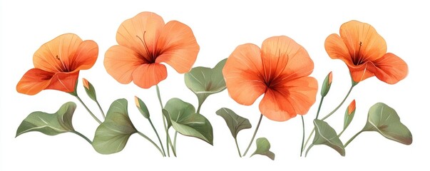 Fototapeta premium A stunning illustration of vibrant orange flowers with lush green leaves, perfect for botanical and floral designs.