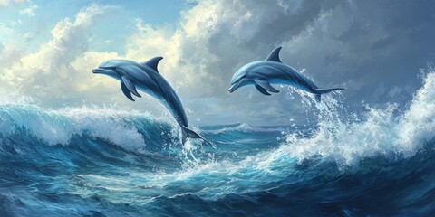 Obraz premium Two dolphins leap over blue waves.