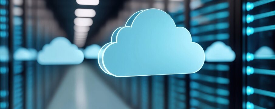 A cloud symbol visually representing cloud computing within a modern server environment, emphasizing data storage and technology.