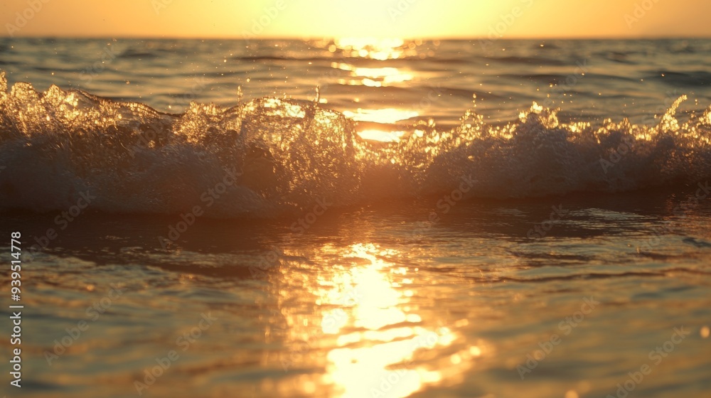 Poster Wide shot of rolling waves in a calm sea with the sun setting in the background, creating a golden reflection