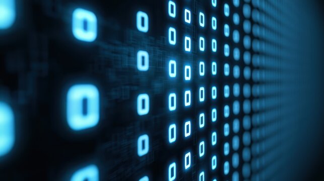 Abstract digital background featuring glowing blue binary code, ideal for technology and data-themed projects.
