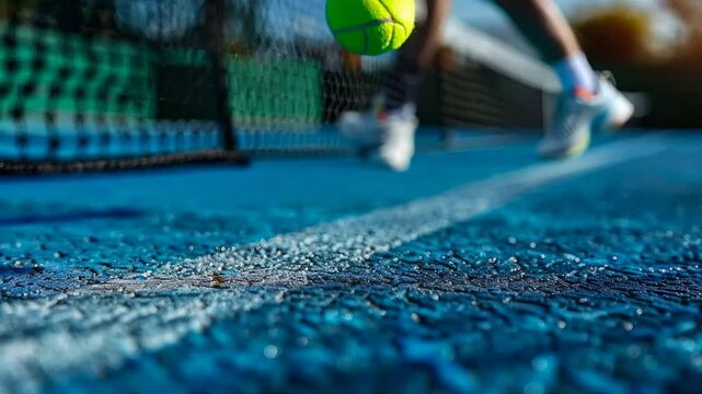Tennis match action on a vibrant blue court with players in motion during the early evening