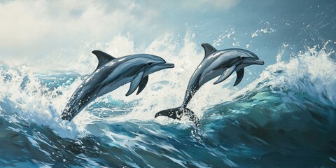 Fototapeta premium Two dolphins leap from ocean waves.
