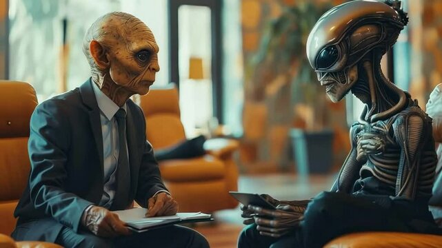 Alien and human encounter in a modern office setting during a diplomatic meeting