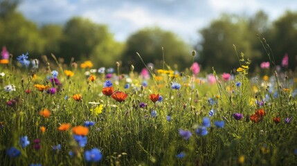 Wide view of a lush wildflower meadow with a mix of bright, blooming flowers and a gentle breeze