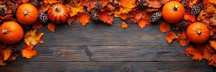 Vibrant autumn scene with pumpkins and leaves on wooden planks, ideal for Halloween and Thanksgiving designs. Perfect for web banners with copy space.