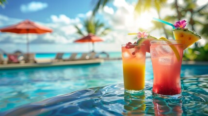 Obraz premium Tropical bliss close up of two colorful drinks with garnishes by a luxurious resort pool