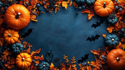 Contemporary Halloween backdrop featuring pumpkins, bats, and autumn leaves, perfect for party invitations and decorations with copy space.