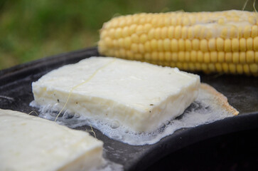 Halloumi cheese on grill. Greek vegetarian food.