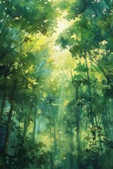 Serene Summer Forest: Vibrant Green and Turquoise Watercolor Splashes for a Refreshing Natural Scene