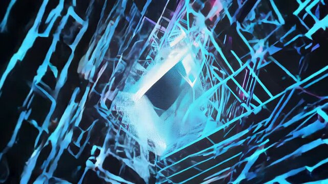 Abstract digital tunnel with glowing blue and cyan geometric patterns, creating a futuristic and immersive visual effect