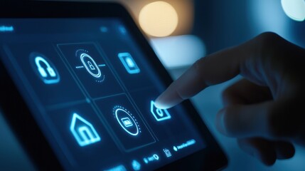 Close-up of a hand interacting with a digital tablet screen displaying smart home icons in a modern, tech-savvy environment.