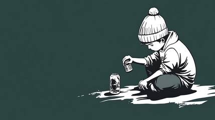 Urban Graffiti Artist at Work - Minimalist Black and White Illustration of Boy Creating Mural with Soda Can, Green Background