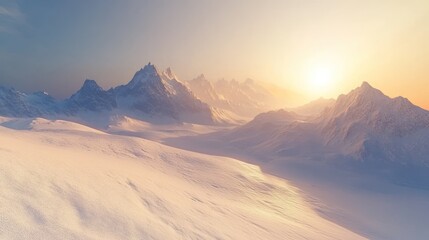 Snow mountain at dawn The first light of day illuminates the snow-covered peaks. glowing gold