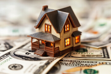 A miniature house with glowing windows rests on a spread of hundred-dollar bills, illustrating the connection between real estate and financial success in investment