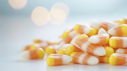 Candy corn strewn across a cheerful table, beckoning delightful treats at the seasonal celebration.