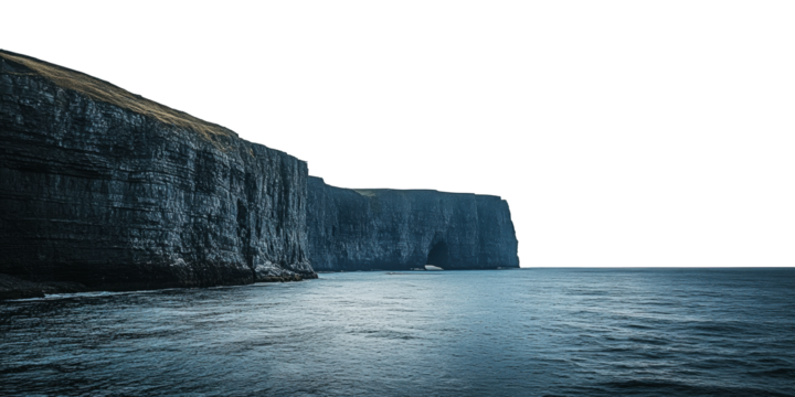 Cliffs by calm dawn ocean waters, cut out - stock png.