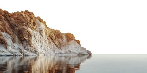 Tranquil waters reflecting rocky cliffs at sunset, cut out - stock png.