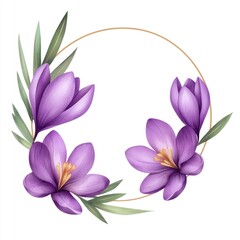 Fototapeta premium Beautiful purple flowers arranged in a circular frame, ideal for invitations, greeting cards, or floral designs.