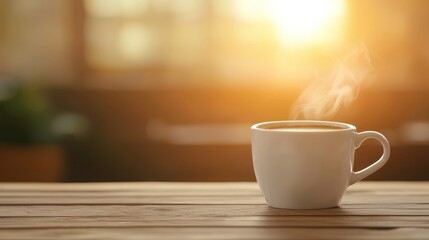 Obraz premium A steaming cup of coffee sits on a wooden table, illuminated by warm sunlight, creating a cozy morning atmosphere.